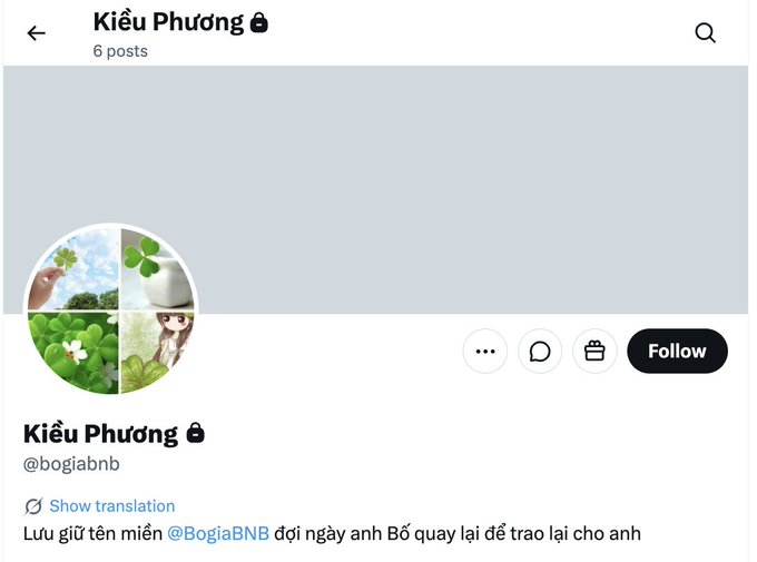 A Twitter/X profile for 'Kiều Phượng' (@boglabnb) with 6 posts, a profile picture showing clovers and an anime character, and a bio in Vietnamese about preserving a domain name for @BoglabNB.