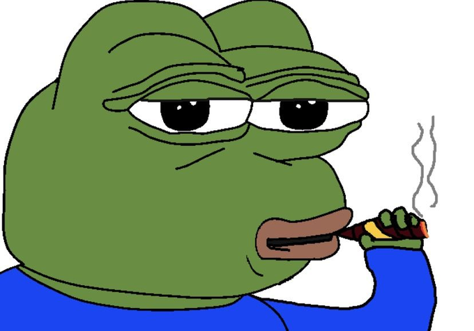 A Sad Pepe the Frog smoking a cigar, depicting the calm but weary anticipation in the memecoin market as @HunterBiden's $Laptoptoken launch approaches and $RSTR celebrates hitting $9m.