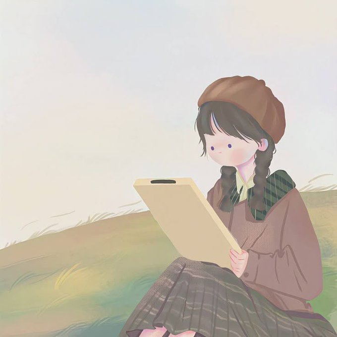 A digital illustration of a girl with dark braided hair wearing a beret and sweater, sitting outdoors reading a clipboard.