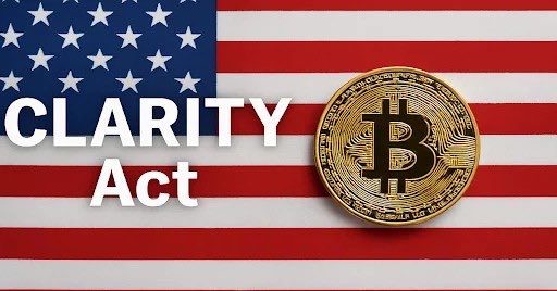 An American flag serves as the backdrop for the text 'CLARITY Act' alongside a physical Bitcoin coin.