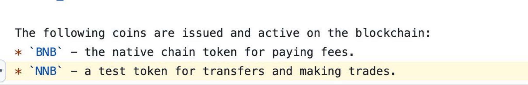 The image shows a snippet from BSC (Binance Smart Chain) documentation listing two active tokens: `BNB`, the native chain token for paying fees, and `NNB`, a test token for transfers and trades. This supports the post's claim that NNB is one of only two tokens officially mentioned in BSC documentation, alongside BNB, giving it legitimacy as a potential runner.
