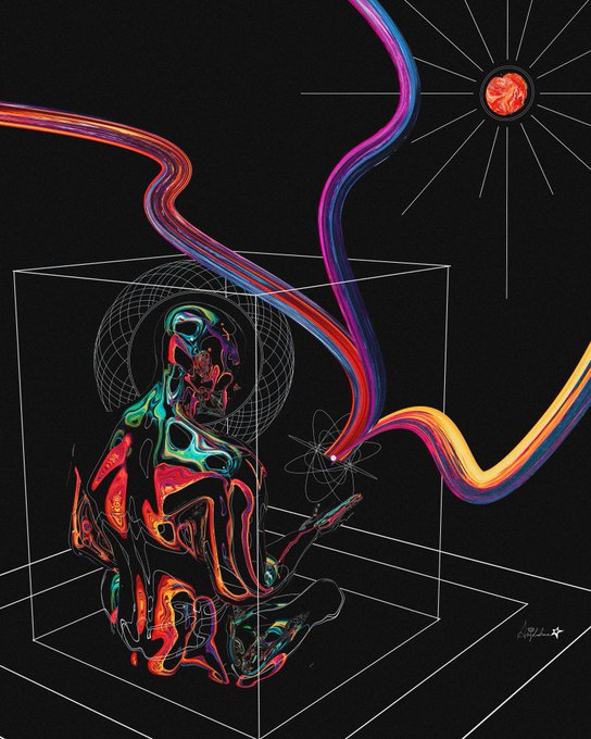 A psychedelic digital artwork showing a colorful, abstract humanoid figure sitting inside a wireframe cube against a black background, with flowing rainbow-colored ribbons and a red sphere.