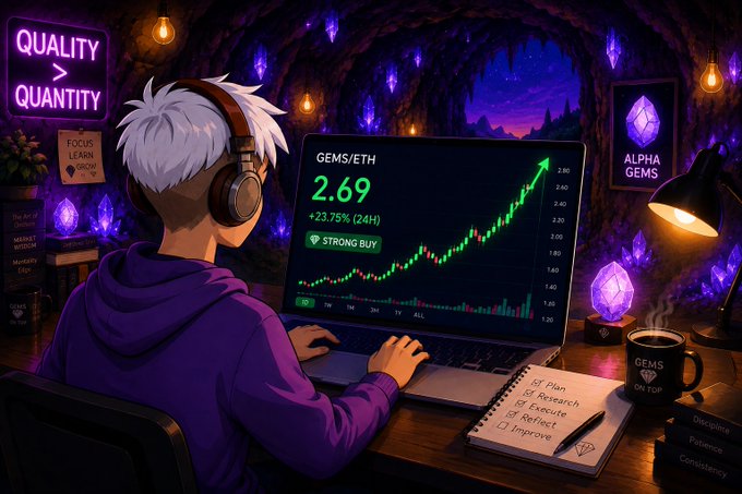 An anime-style illustration of a person with headphones looking at a trading chart showing 'GEMS/ETH 2.69 +23.75% (24H) STRONG BUY' in a cave filled with purple gems and neon signs.