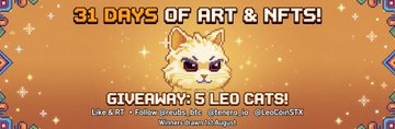 A promotional graphic with an orange background featuring a stylized animal head, reading '31 DAYS OF ART & NFTS!' at the top and 'GIVEAWAY: 5 LED CRTS!' at the bottom.