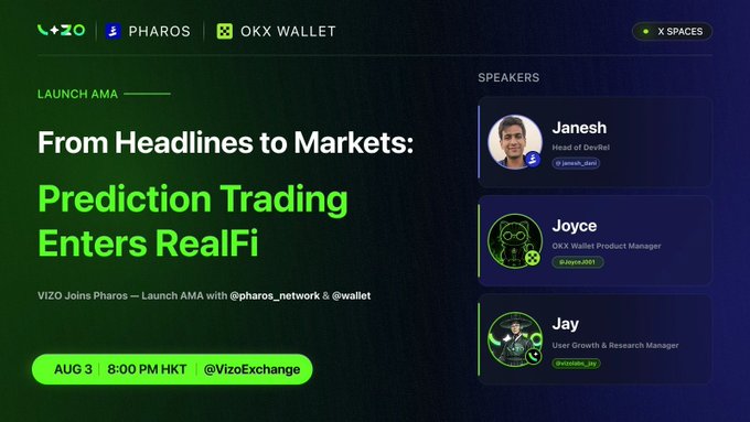 An event announcement graphic titled 'From Headlines to Markets: Prediction Trading Enters RealFi' for a Launch AMA with VIZO, Pharos, and OKX Wallet on Aug 3 at 8:00 PM HKT, featuring speakers Janesh, Joyce, and Jay.