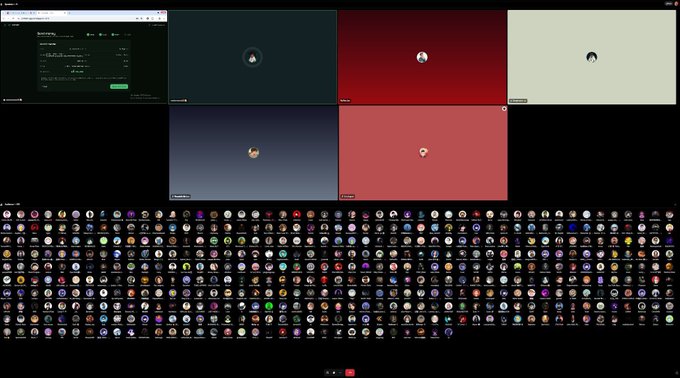 A screenshot of a Discord server interface showing multiple video call windows and a large display of custom server emojis.