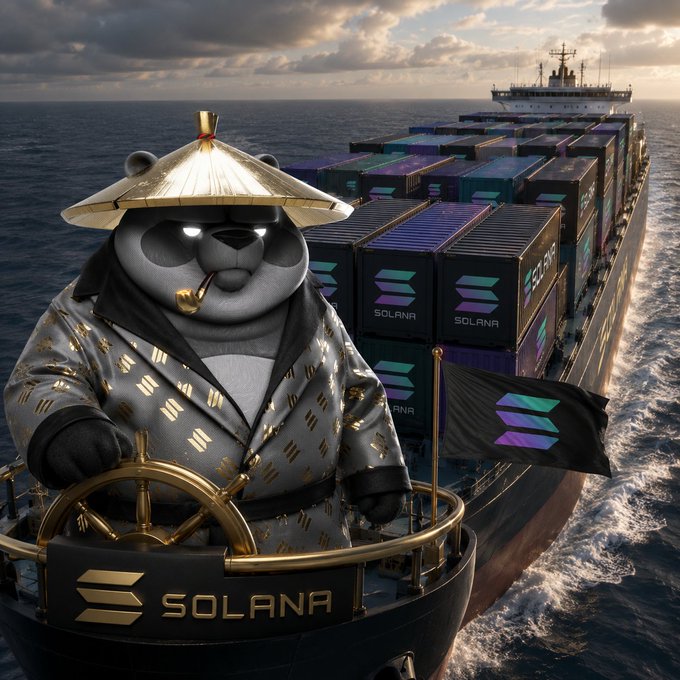 A panda dressed in a gold-patterned robe and conical hat stands confidently at the helm of a cargo ship loaded with containers branded "SOLANA," steering the vessel across open waters as a Solana flag flies nearby. The image symbolizes the post's message about anchoring ambition and pushing forward toward goals, with the Solana-branded ship representing a journey toward success and determination.