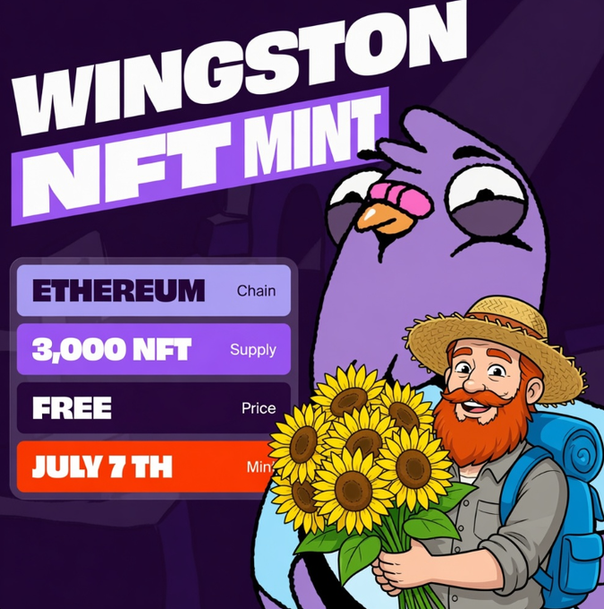 A promotional graphic for a 'WINGSTON NFT MINT' on the Ethereum chain, featuring 3,000 NFT supply at a FREE price with mint date July 7th, alongside cartoon illustrations of a purple bird and a farmer holding sunflowers.