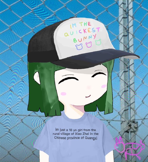 A cartoon avatar of a green-haired girl wearing a cap that says 'IM THE QUICKEST BUNNY' and a shirt reading 'im just a 18 yo girl from the rural village of Xiao Zhai in the Chinese province of Guangxi'.