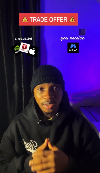 A video still of a young man in a black beanie and hoodie discussing a 'TRADE OFFER' overlay that shows he receives Roblox, Nike, and Apple logos, while the viewer receives MEXC.