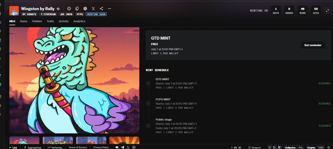 Screenshot of the Wingleton by Rally website displaying the 'GTD MINT' event with a cartoon dinosaur illustration and minting schedule details including FREE, GTD MINT, FOTO MINT, and Public stage options.