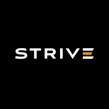 A simple logo design on a black background featuring the word 'STRIVE' in white text, with the final 'E' stylized in orange.