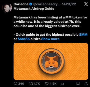 A tweet from @corleonescry... (Corleone) dated 14/11/22 titled "Metamask Airdrop Guide" claims MetaMask is hinting at an MM token potentially worth up to 7b, offering tips to maximize the $MM or $MASK airdrop, with 240 replies, 1.7K reposts, and 4.9K likes shown. The post suggests long-term farming of the MetaMask airdrop over 4 years could be life-changing, aligning with the guide's promise of one of the biggest airdrops ever.