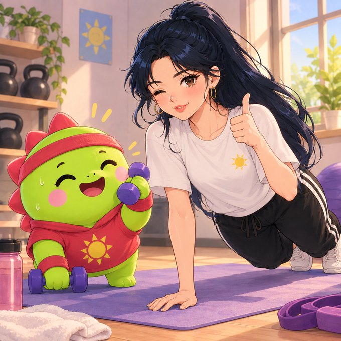 An anime-style illustration showing a cheerful woman with long dark hair giving a thumbs-up while doing a plank exercise on a purple yoga mat, accompanied by a smiling green dinosaur-like character lifting a small purple dumbbell.