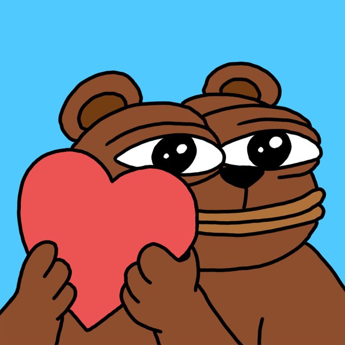 A cartoon illustration of two brown bears embracing against a blue background, with one bear holding a large red heart.