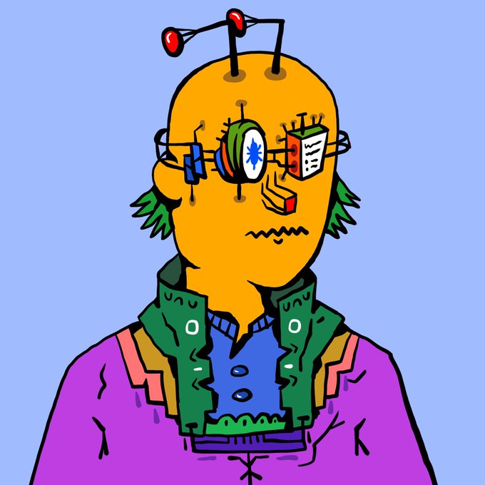 A cartoon illustration of a bald yellow-skinned character wearing colorful clothing and complex mechanical/electronic cybernetic goggles with antennas on his head.