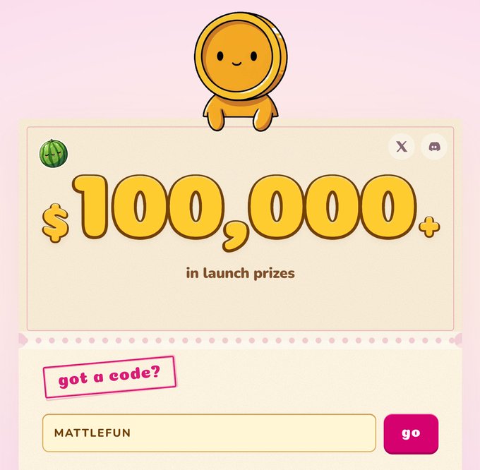 A cheerful orange mascot sits above a promotional graphic announcing "$100,000+ in launch prizes" with the code "MATTLEFUN" entered in the "got a code?" redemption box. The image promotes an invite-only launch by @degencoinflip on Solana, offering prizes including a Rolex and $100K in rewards.