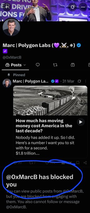 A screenshot of an X (formerly Twitter) profile for "Marc | Polygon Labs 🕳️" (@OxMarcB) shows a pinned post about moving money costing America $1.8 trillion, with a circled notification at the bottom stating "@OxMarcB has blocked you."