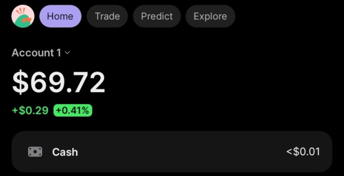 The post mentions: "get in joor ... solid 2 figs secured successfully it can only be God"

The image shows a brokerage app home screen for "Account 1" displaying a total portfolio value of $69.72, with a small daily increase of +$0.29 (+0.41%) and a Cash balance of less than $0.01. The screenshot humorously contradicts the post's boast about "solid 2 figs" secured, as the account shows only $69.72 — well short of two hundred dollars.