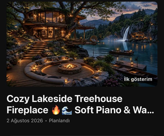 A YouTube thumbnail titled "Cozy Lakeside Treehouse Fireplace 🔥🌊 Soft Piano & Wa..." scheduled for 2 August 2026, featuring a stunning twilight scene of a treehouse on a lake with a fire pit, lounge seating, and a distant waterfall. The post promotes an upcoming livestream/youtube chat vibe session, with the cozy lakeside ambiance setting the mood for the relaxed gathering mentioned in the caption.