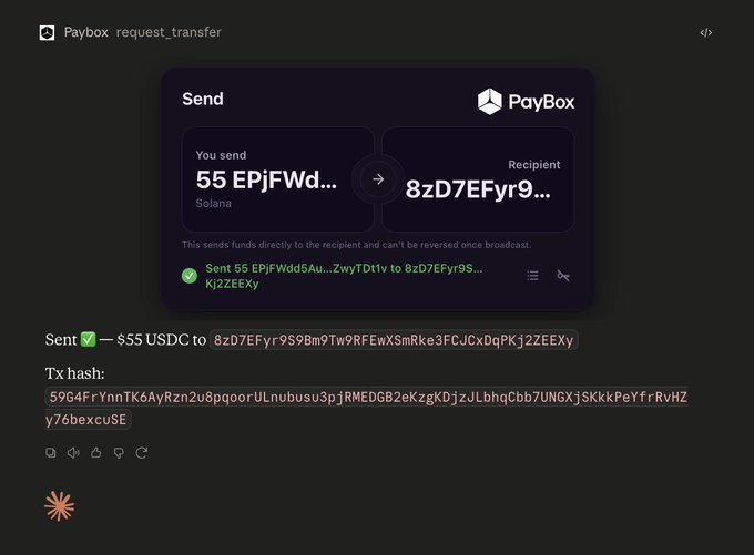 A PayBox "Send" interface confirms a successful transfer of 55 USDC on Solana from address EPjFWdd... to recipient 8zD7EFyr9..., along with its transaction hash.

The image illustrates the post's mention of a $55 "PayBox Mode" transfer, showing the completed on-chain transaction details.