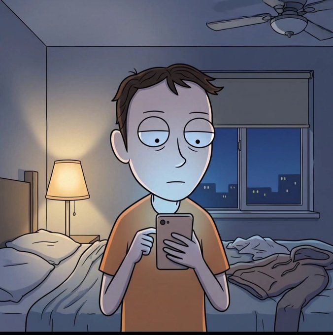 An animated cartoon boy with half-closed eyes holds a smartphone in a dimly lit bedroom at night, with an unmade bed and lit lamp behind him.
