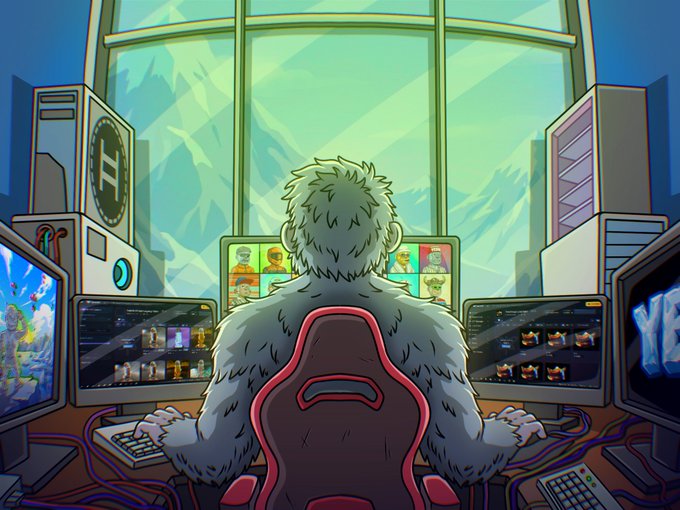 An illustration of a furry yeti-like character sitting in a gaming chair playing video games across multiple monitors.