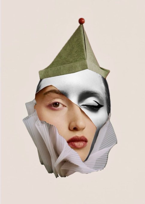 A surreal collage portrait featuring a woman's face merged with white pleated paper resembling a ruffled collar, topped with a green geometric paper hat with a red bead. The image visually echoes the "Another Me" concept—blending identity, transformation, and crafted artistic layers—fitting the title's theme of exploring alternate selves.