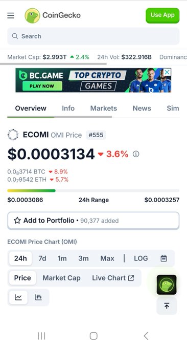A CoinGecko mobile app screenshot showing the ECOMI (OMI) token at a price of $0.0003134, ranked #555, with a 24-hour range and price chart options.