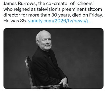 The image features an older man sitting in a chair, with his head resting against the backrest of the chair. The background is black, providing contrast for the subject. Below the photo, there's text that reads "James Burrows, the co-creator of 'Cheers' who reigns as television's predominant sitcom director for more than 30 years, died on Friday."