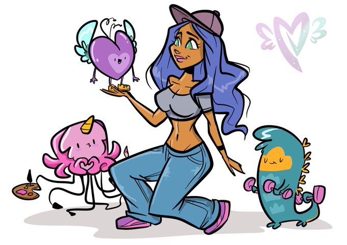 An illustration of a blue-haired woman in a pink cap with three cute cartoon creatures: a purple winged heart, a pink unicorn-like blob, and a teal dinosaur-like character, with 'JB3' signed in purple.