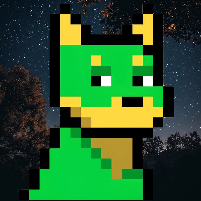 A pixel art illustration of a character with a green face, yellow headpiece, and green clothing, set against a nighttime sky with stars and silhouettes of trees.