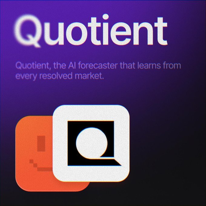 The Quotient logo and branding are displayed on a purple gradient background, with the tagline "Quotient, the AI forecaster that learns from every resolved market" appearing above the orange and white "Q" app icon. The image reinforces the post's introduction of Quotient as a forecasting intelligence tool for prediction market traders.