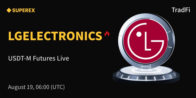 A promotional graphic for 'LGELECTRONICS' on SUPEREX TradFi, announcing 'USDT-M Futures Live' on August 19, 06:00 (UTC).