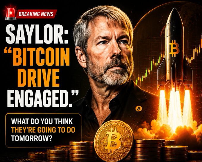 A 'Breaking News' graphic featuring Michael Saylor with the headline 'SAYLOR: "BITCOIN DRIVE ENGAGED"' and the question 'WHAT DO YOU THINK THEY'RE GOING TO DO TOMORROW?', alongside a Bitcoin rocket illustration.