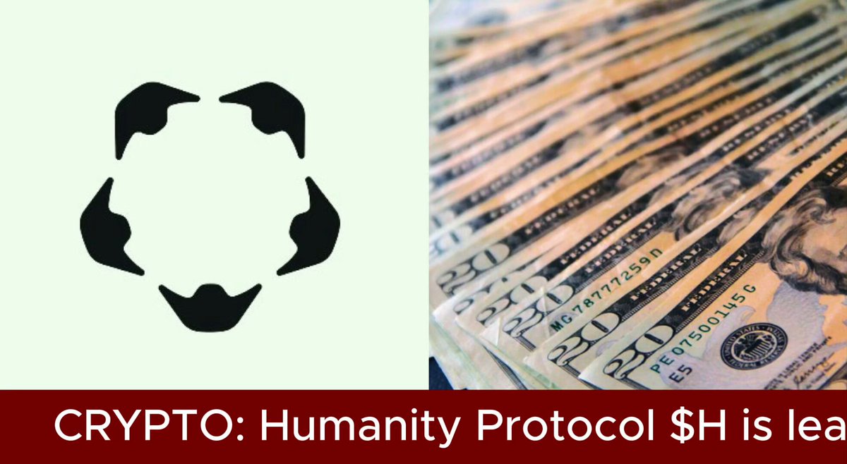 The image is an advertisement featuring two elements, one being a logo and the other being a set of money bills. The money bill depicted has a unique design with an abstract representation of the Crypt symbol. This combination of symbols serves as a logo for "Crypto. Humanity Protocol's $H token is absolutely ripening. @Humanityprot is leading gains amongst crypto majors with a surge of +25% over the past day." and "The Crypt logo on the money bill reads: "Crypt. Humanity Protocols $H is LEAF". The text below the money bill also mentions that "$H" token has gained momentum, reaching a market cap of $1 Billion just ahead of the week. Focus on these elements to understand the context behind this advertisement.