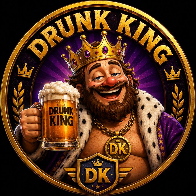 A circular 'DRUNK KING' logo featuring a cartoon king with a crown, beard, and royal robe holding a frothy beer mug branded 'DRUNK KING'.