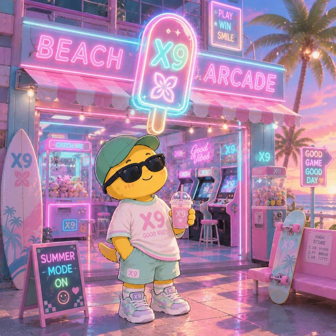 A cheerful yellow cartoon character wearing sunglasses and an 'X9 Good Vibes' t-shirt stands outside a neon-lit 'Beach Arcade' holding a drink, with signs reading 'Play, Win, Smile,' 'Good Vibes,' 'Good Game, Good Day,' 'Summer Mode On,' and a 'High Score' leaderboard nearby.