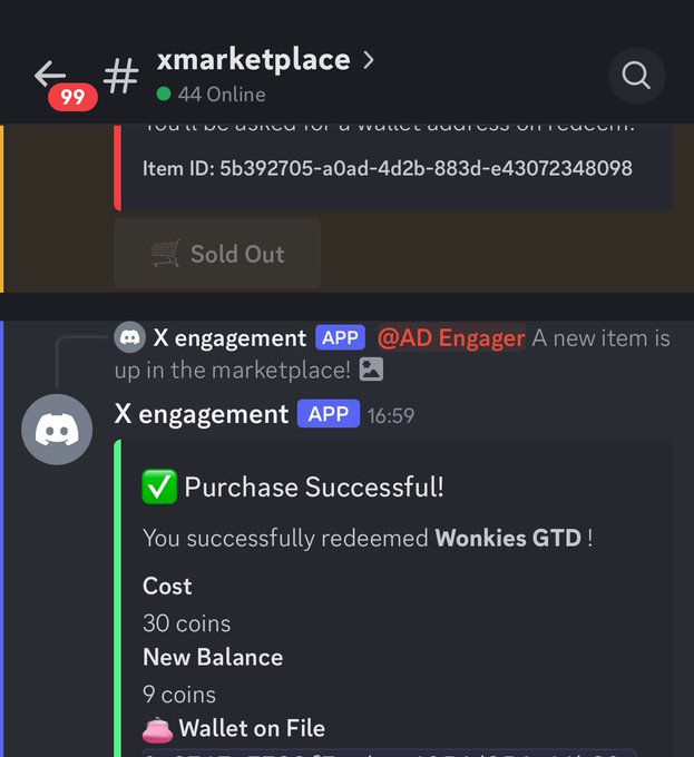 Discord screenshot of the #xmarketplace channel showing a 'Purchase Successful!' message from X engagement bot confirming redemption of 'Wonkies GTD' for 30 coins, leaving a new balance of 9 coins.
