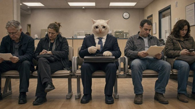 A humorous surreal scene of a white cat wearing a business suit and tie, holding a coffee cup while sitting among people waiting in what appears to be a government office or waiting room.
