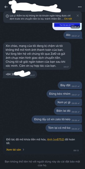 A Telegram chat in Vietnamese shows a conversation where a user reports being locked out of their bank account and requests a Zalo contact to recover access.