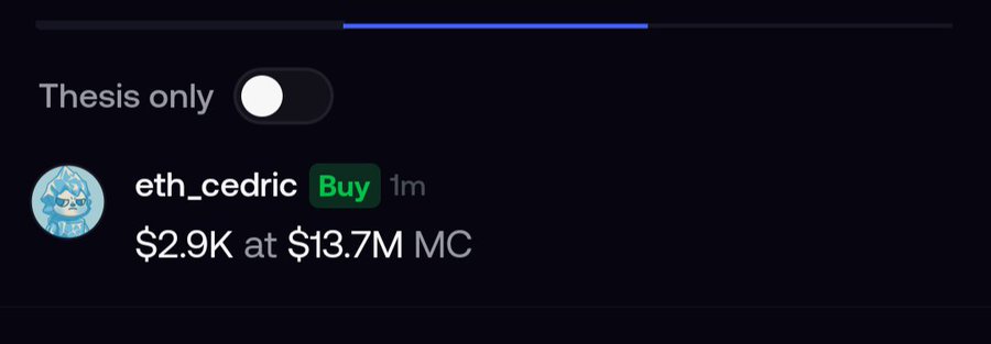 The image displays a crypto trading interface showing a recent "Buy" of the token "eth_cedric" for $2.9K at a $13.7M market cap, with a "Thesis only" toggle option visible. This relates to the accompanying post welcoming "@eth_cedric" to the "$cets family," highlighting the purchase of the Cedric token.