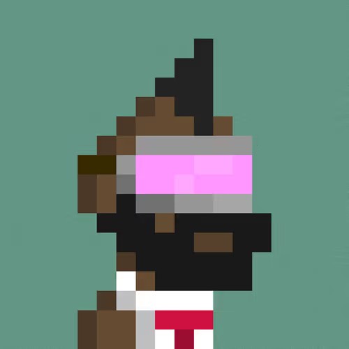 A pixelated digital artwork depicting a character wearing a pink VR headset against a teal background.