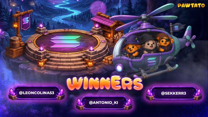 A colorful game-style 'WINNERS' banner for 'PAWTATO' featuring characters in a helicopter over a nighttime landscape, listing winners @LEONCOLINA53, @ANTONIO_KI, and @SEKKERR3.