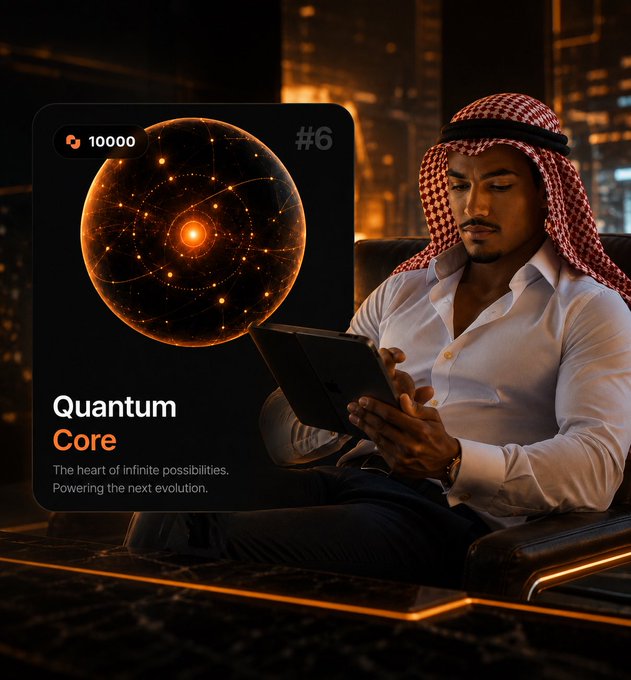 A man wearing a red and white keffiyeh uses a tablet, overlaid with a card reading 'Quantum Core' priced at 10000, numbered #6, with the tagline 'The heart of infinite possibilities. Powering the next evolution.'