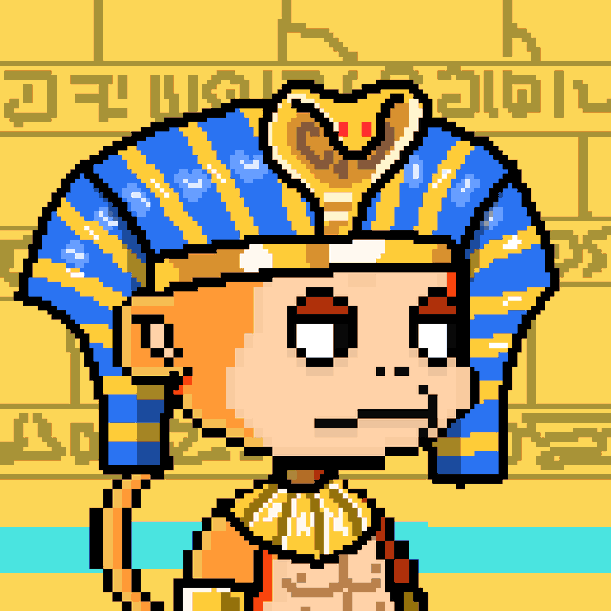 A pixel-art portrait depicts an Egyptian pharaoh with a blue and gold striped nemes headdress adorned with a golden cobra (uraeus), set against a hieroglyphic-covered yellow background. The image serves as NFT #1 honoring Vlad Tenev, co-founder and CEO of Robinhood, with the post framing him as a modern-day pharaoh whose platform (the "chain") democratizes market access across 120+ countries—just as ancient pharaohs built lasting empires.