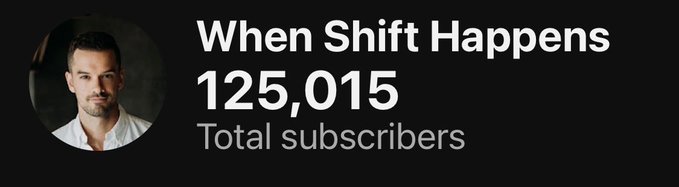 A circular profile photo of a dark-haired man in a white shirt appears alongside the text "When Shift Happens," highlighting the YouTube channel's milestone of 125,015 total subscribers, which aligns with the announcement of the channel reaching 125K subscribers.