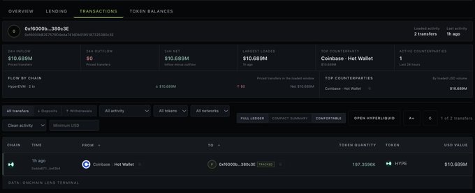 A blockchain analytics dashboard displays a newly created wallet address 0xf6000b...380c3E that withdrew 197.3580K $HYPE tokens (~$10.689M) from Coinbase's Hot Wallet approximately 1 hour ago, with zero outflow and net flow matching the $10.689M raw inflow shown on the terminal.