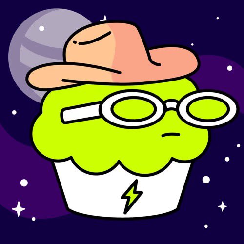 A cartoon illustration of a green cupcake character wearing glasses and a pink hat, with a lightning bolt on its wrapper, set against a starry night background.