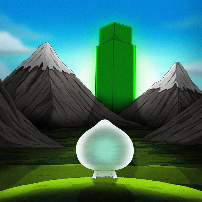 An illustration showing a glowing green tower/pillar rising between two mountains, with a teardrop-shaped white figure standing in the foreground on grass under a blue sky.